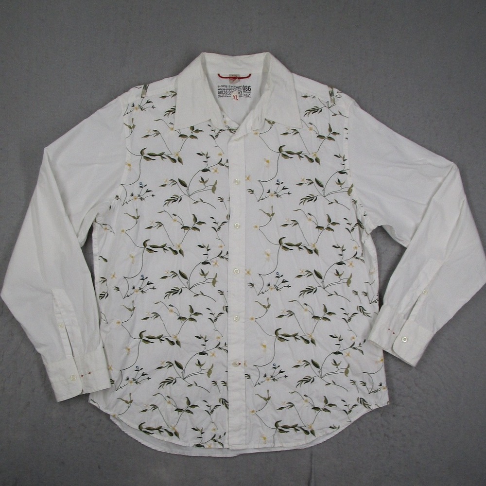 Guess Mens XL White Floral Embroidered Button Down Utility Shirt M43W4261 Y2K